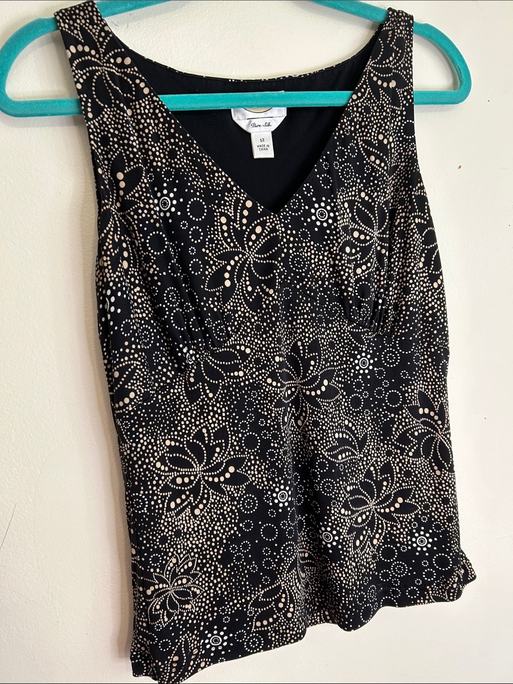 Vintage 100% Silk Talbots Black Tank with Cream Floral Dot Motif